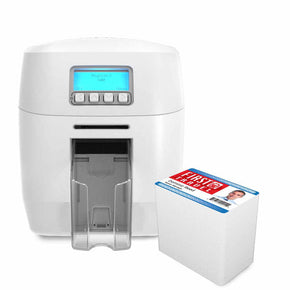 Magicard 600 Card Printer front display with example of ID cards printed to its right - IDenticard.com
