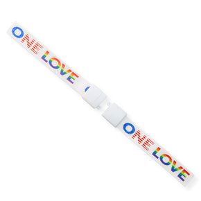 White pre-printed lanyard with "One Love," swivel hook, and white breakaway security closure. | Identicard.com