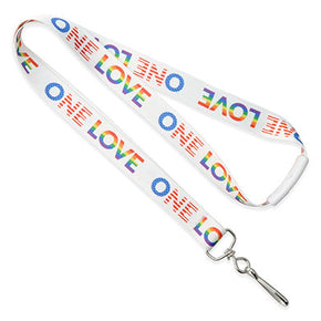 White pre-printed lanyard with "One Love," swivel hook, and white breakaway security closure. | Identicard.com