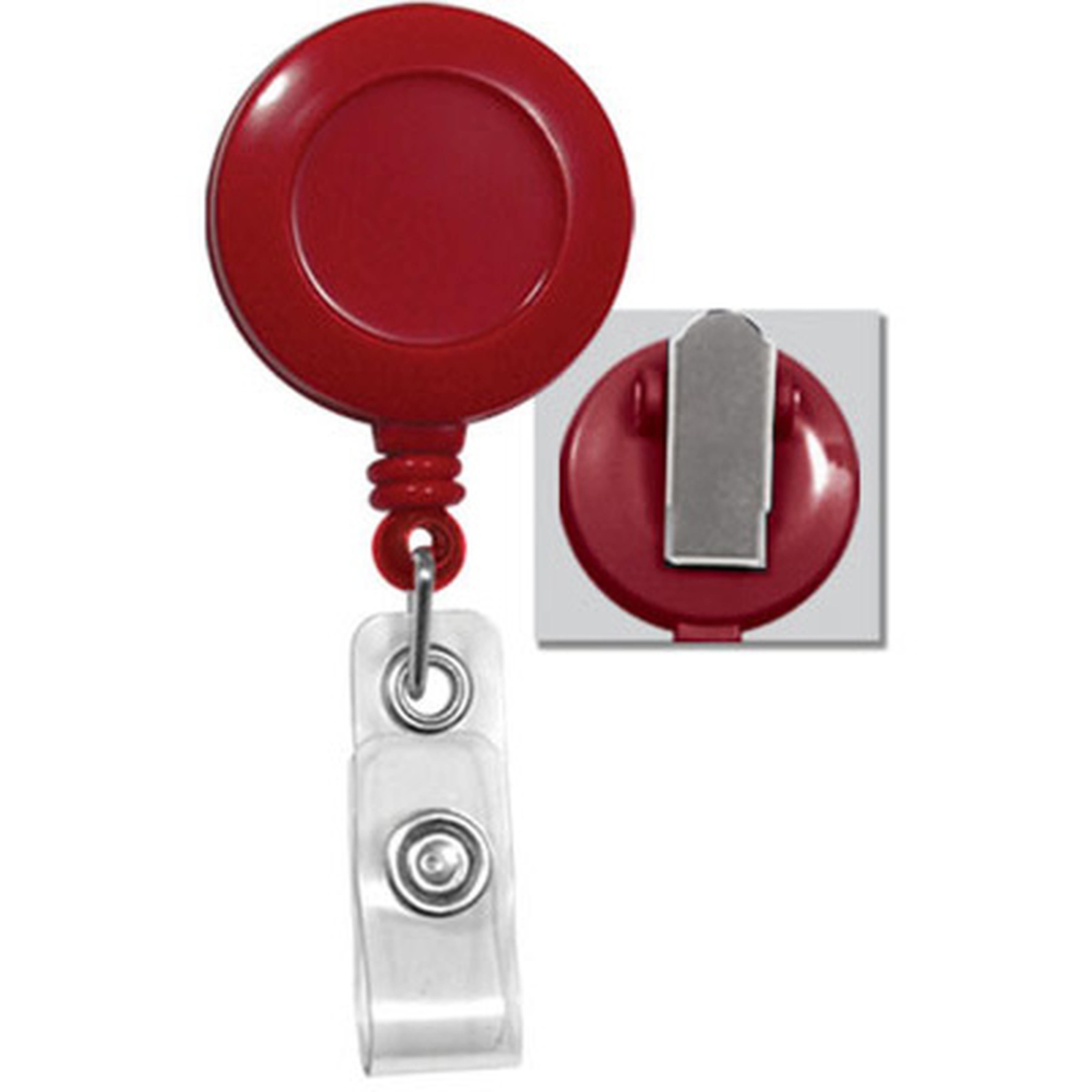 Red Round Retractable Badge Reel with Clear Vinyl Strap, Spring Clip (