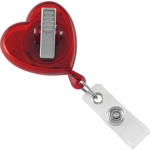 Red Translucent Heart-Shaped Badge Reel with Strap, Swivel Clip (34