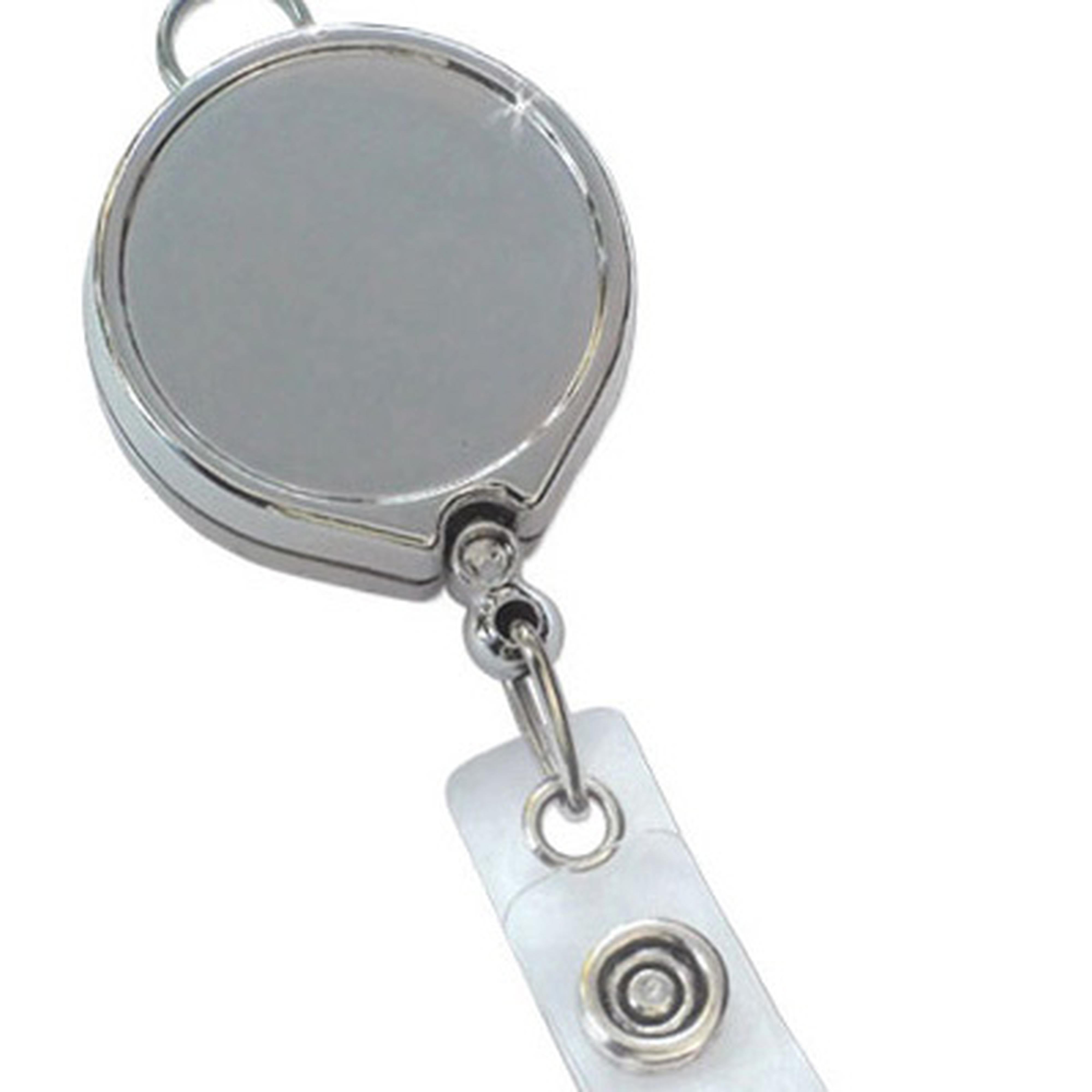 Round Chrome Metallic Retractable Badge Reel with Clear Vinyl Strap, B