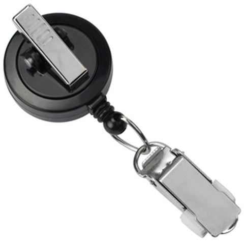 Black Round Badge Reel with Card Clamp and Swivel Clip