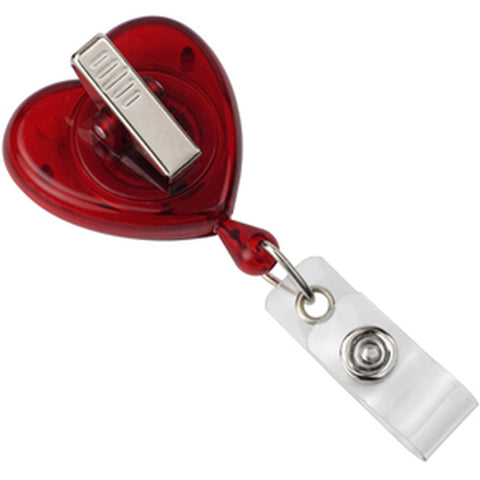 Red Translucent Heart-Shaped Awareness Retractable Badge Reel with Vinyl Strap, Swivel Clip (34