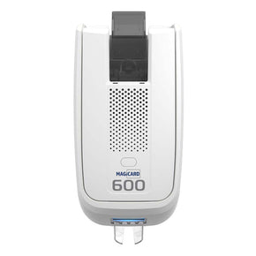 Magicard 600 Card Printer front display with example of ID cards printed to its right - IDenticard.com